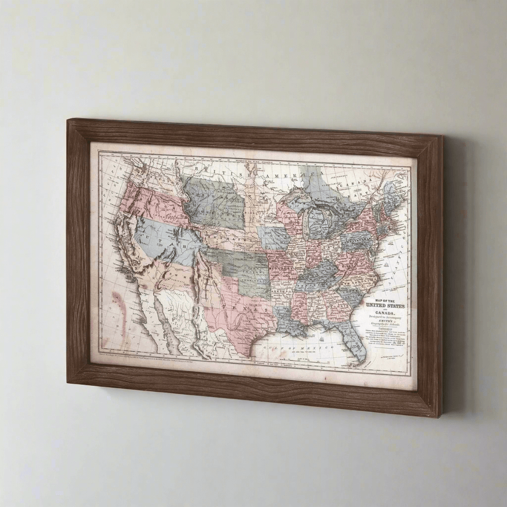Antique 1850s United States wall map in rustic dark wood frame, showcasing historic 19th-century cartography with pastel colors.