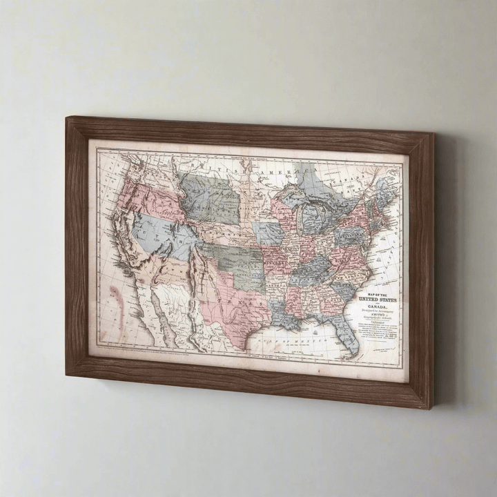 Antique 1850s United States wall map in rustic dark wood frame, showcasing historic 19th-century cartography with pastel colors.