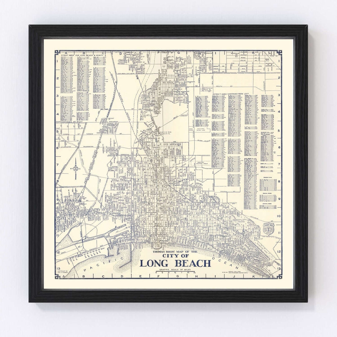 Antique Map of Long Beach, California from 1938 - vintage framed city map