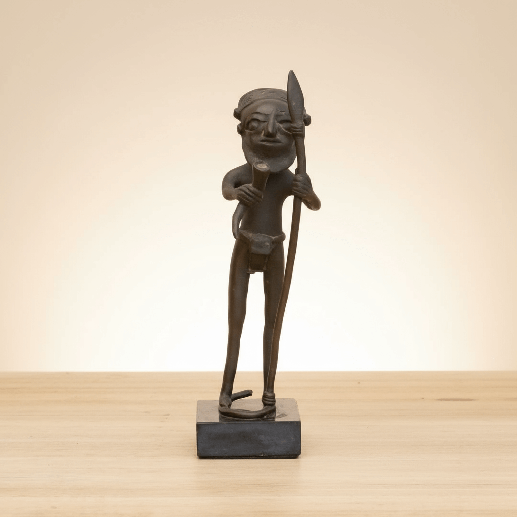 Antique Bamum Bronze Warrior Figure from Cameroon on display