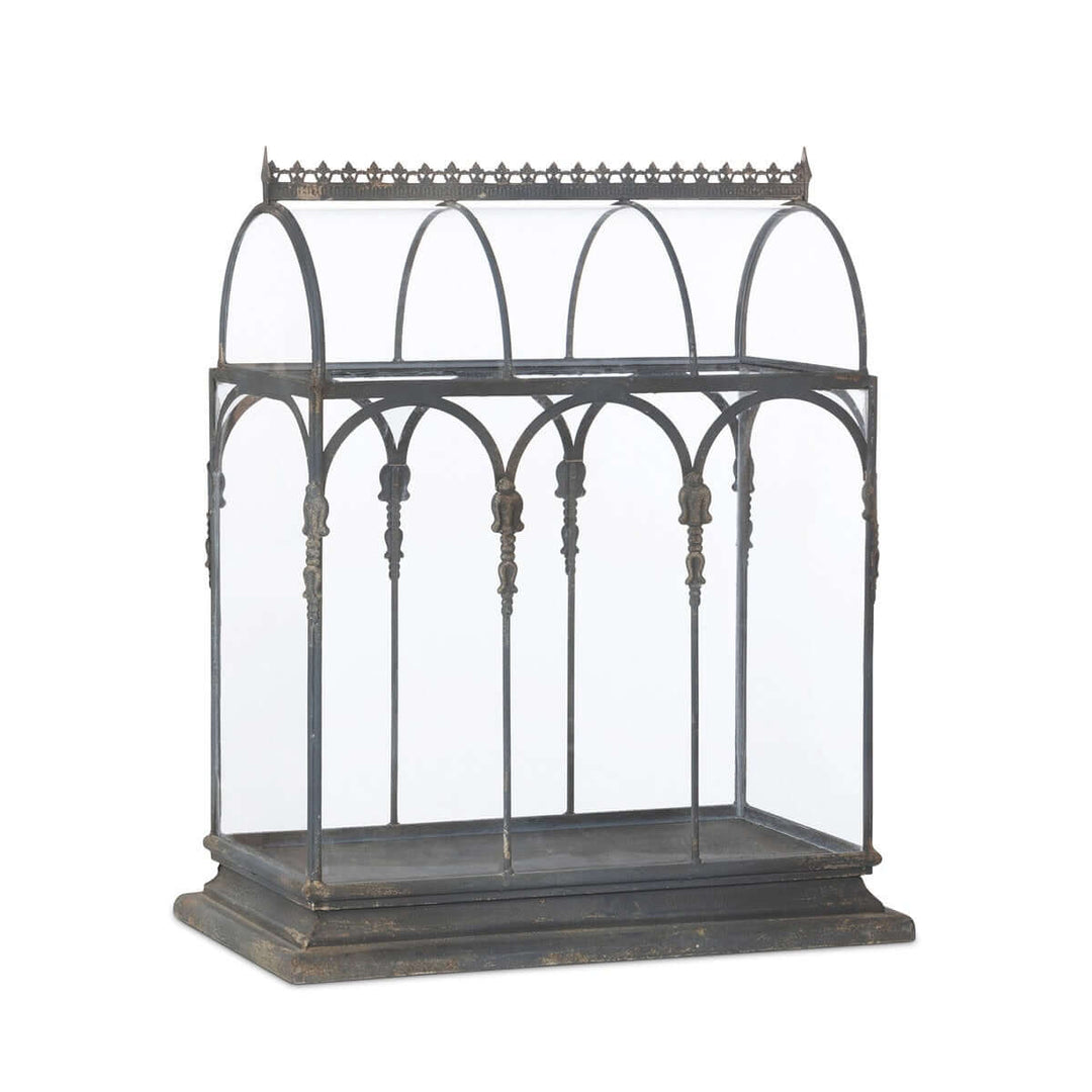 Antique Black Iron Conservatory Tabletop Terrarium with Victorian Arch Detail, elegant glasshouse design