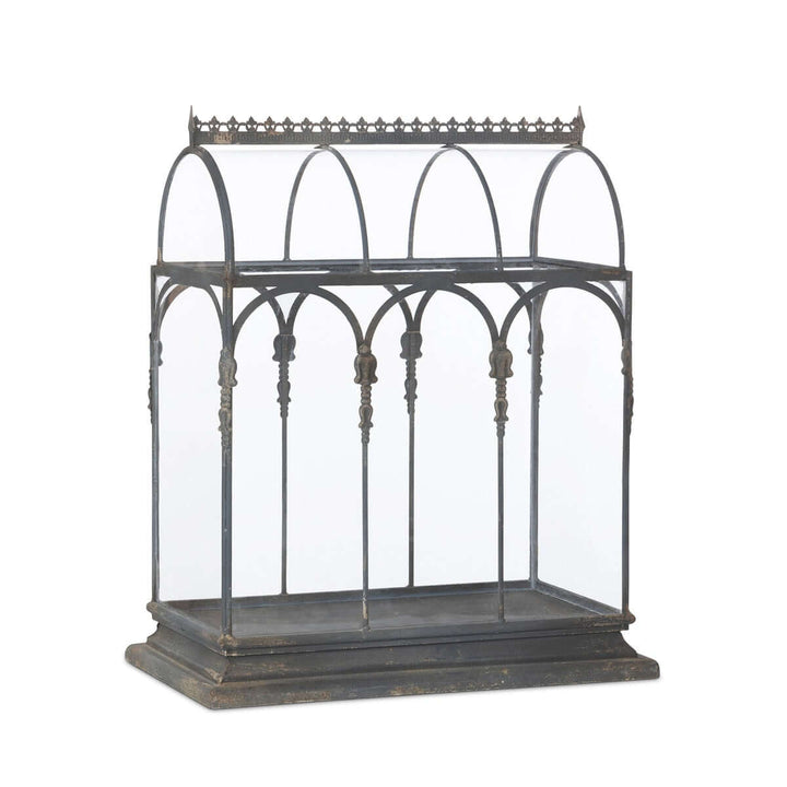 Antique Black Iron Conservatory Tabletop Terrarium with Victorian Arch Detail, elegant glasshouse design
