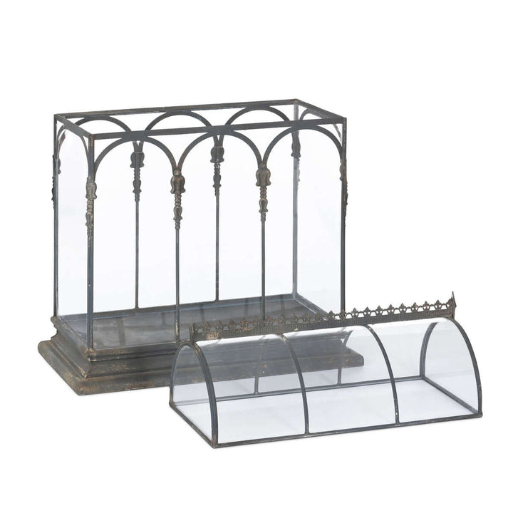 Antique Black Iron Conservatory Tabletop Terrarium with Victorian Arch Detail showcasing elegant glass and iron design.