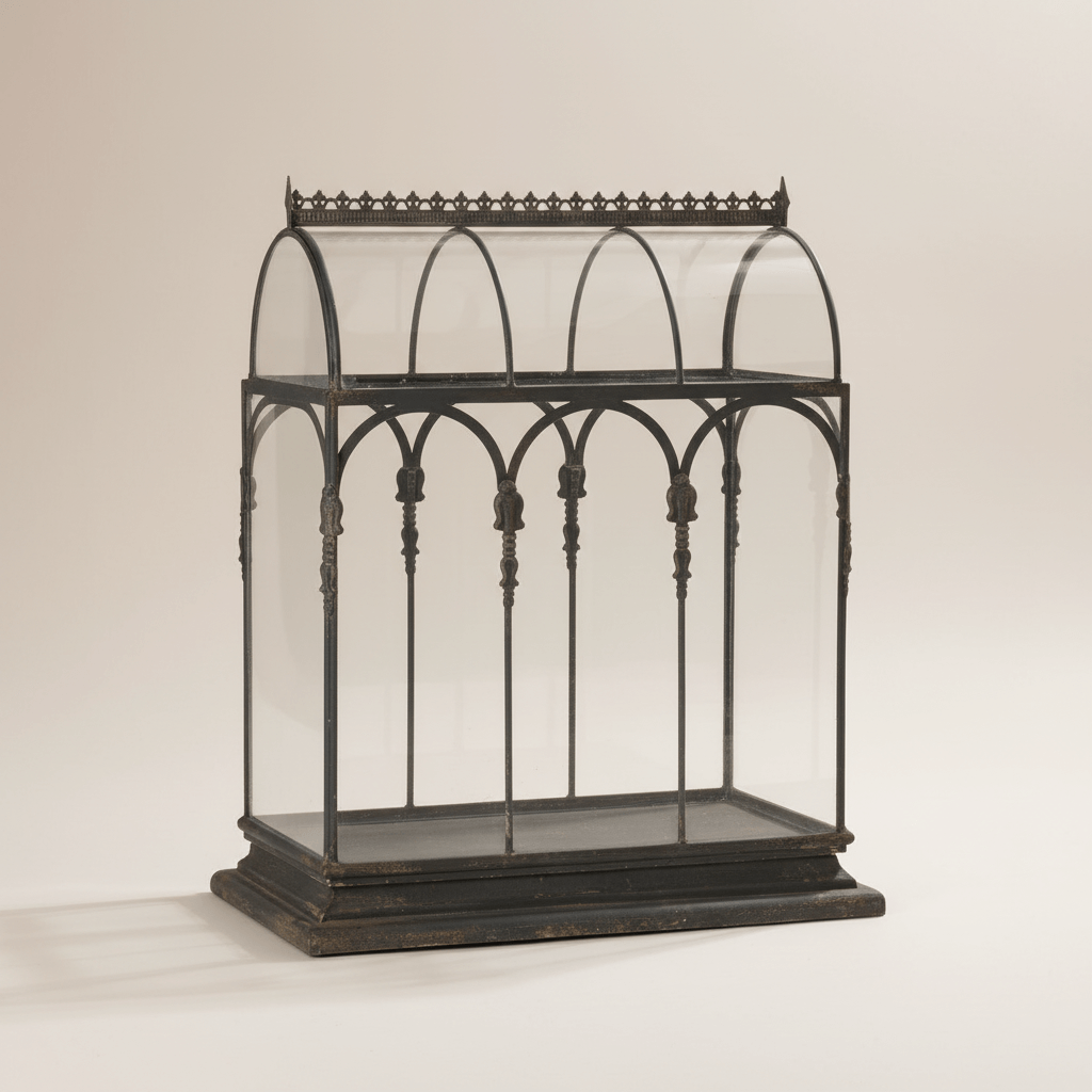 Antique Black Iron Conservatory Tabletop Terrarium with Victorian Arch Detail showcasing elegant ironwork and glass structure.
