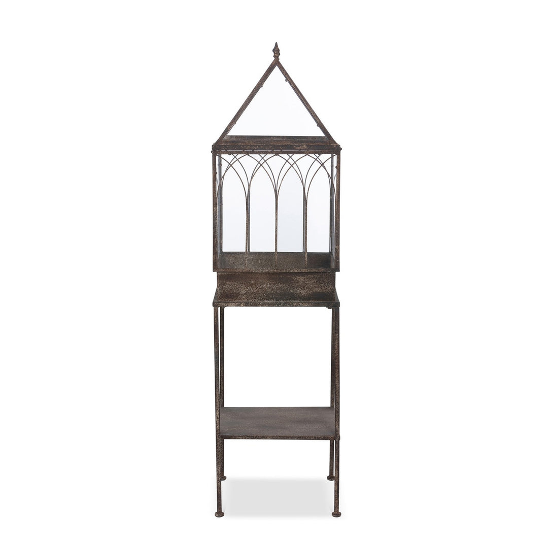 Antique Black Iron Standing Garden Terrarium with Gothic Arch Detail showcasing elegant design and craftsmanship.