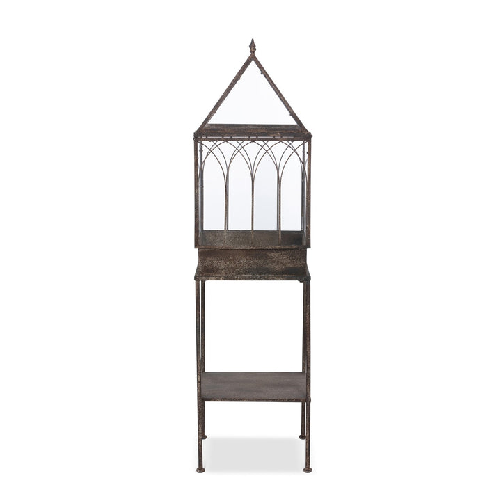 Antique Black Iron Standing Garden Terrarium with Gothic Arch Detail showcasing elegant design and craftsmanship.