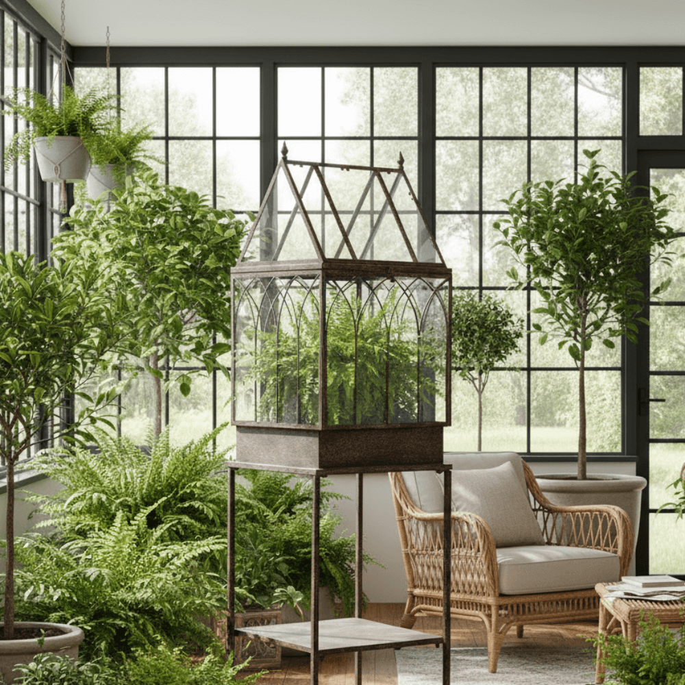 Antique Black Iron Standing Garden Terrarium with Gothic Arch Detail in a lush green conservatory setting with wicker seating.