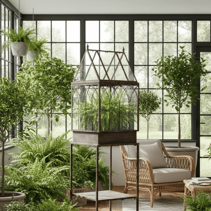Antique Black Iron Standing Garden Terrarium with Gothic Arch Detail in a lush green conservatory setting with wicker seating.