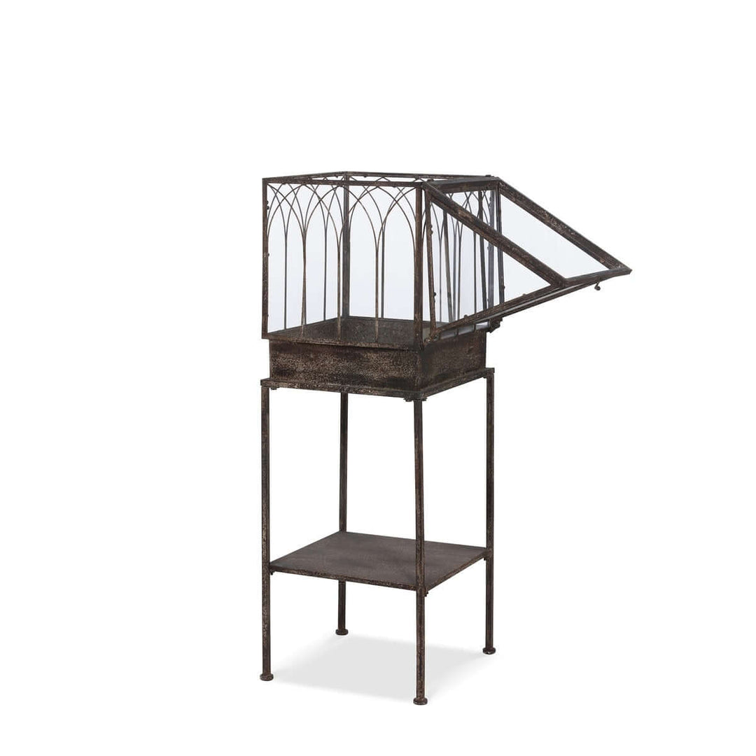 Antique Black Iron Standing Garden Terrarium with Gothic Arch Detail showcasing its unique architectural design.