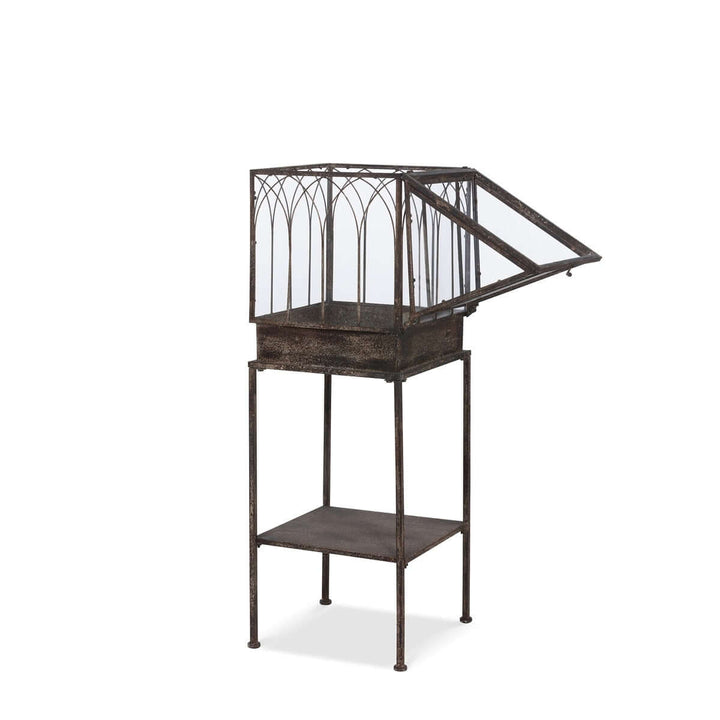 Antique Black Iron Standing Garden Terrarium with Gothic Arch Detail showcasing its unique architectural design.