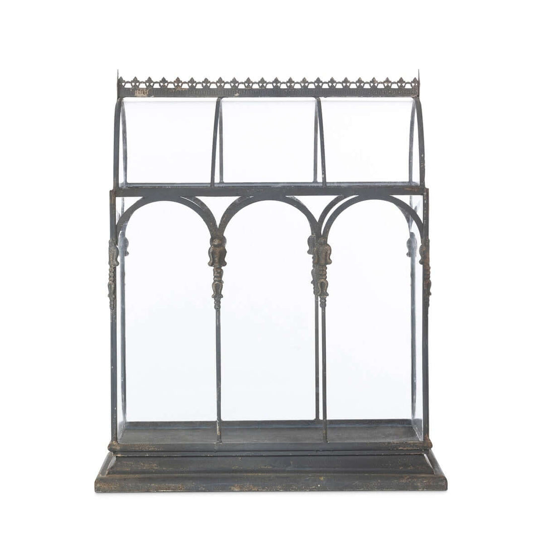 Antique Black Iron Conservatory Tabletop Terrarium with Victorian Arch Detail, elegant black iron design with Victorian arches.