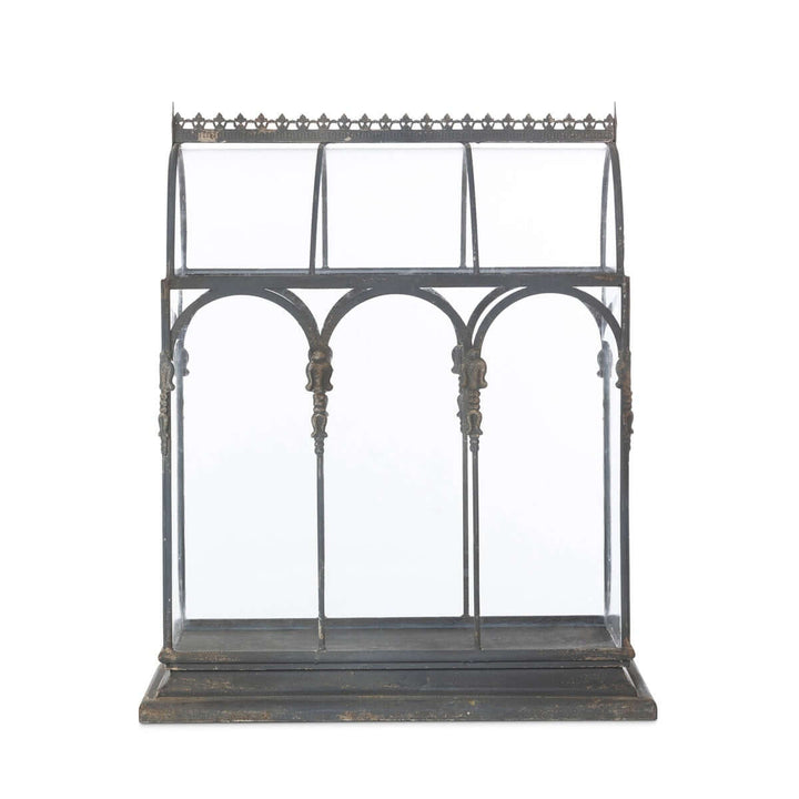Antique Black Iron Conservatory Tabletop Terrarium with Victorian Arch Detail, elegant black iron design with Victorian arches.