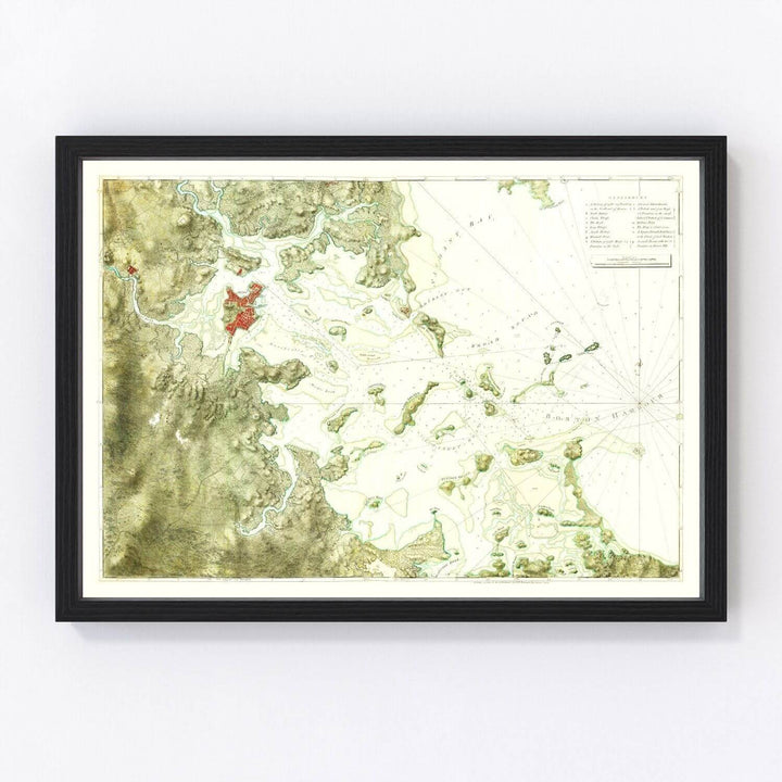 Antique Boston Harbor Map from 1775 framed on wall, showcasing colonial-era maritime cartography.