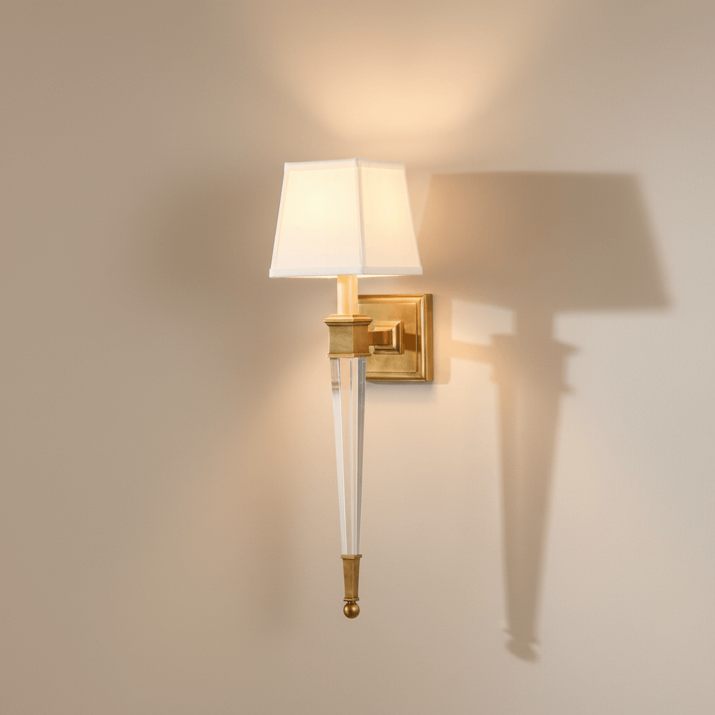 Antique Brass and Crystal Wall Light with Linen Shade in vintage design, featuring hand-cut crystals and warm brass finish, by Ian K. Fowler.