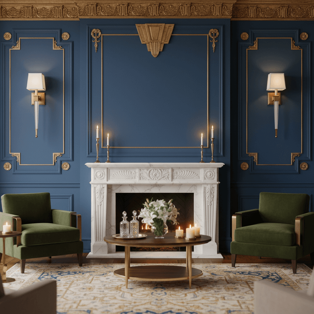 Living room with Antique Brass and Crystal Wall Light with Linen Shade above a fireplace, featuring elegant decor and furniture.