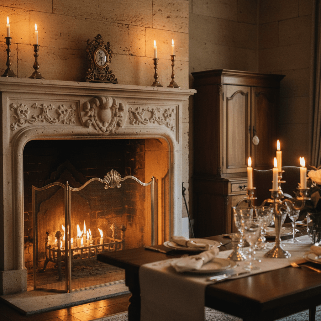 Antique Brass Italian Fireplace Screen with Shell Crest enhancing elegant dining room ambiance with glowing fireplace