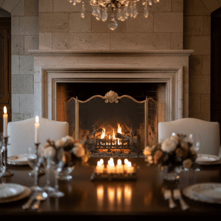 Antique Brass Italian Fireplace Screen with Shell Crest in elegant dining room setting