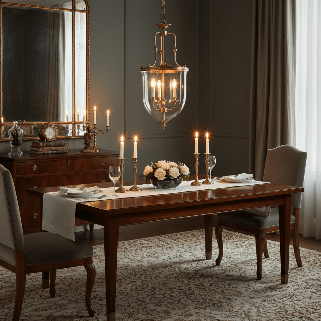 Dining room with a wooden table set for dinner, candles, and a chandelier.