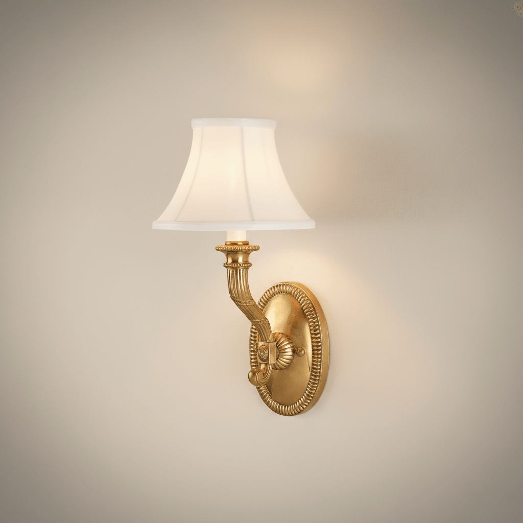 Antique Brass Wall Sconce with Fabric Shade featuring vintage design and aged brass finish for elegant home lighting.