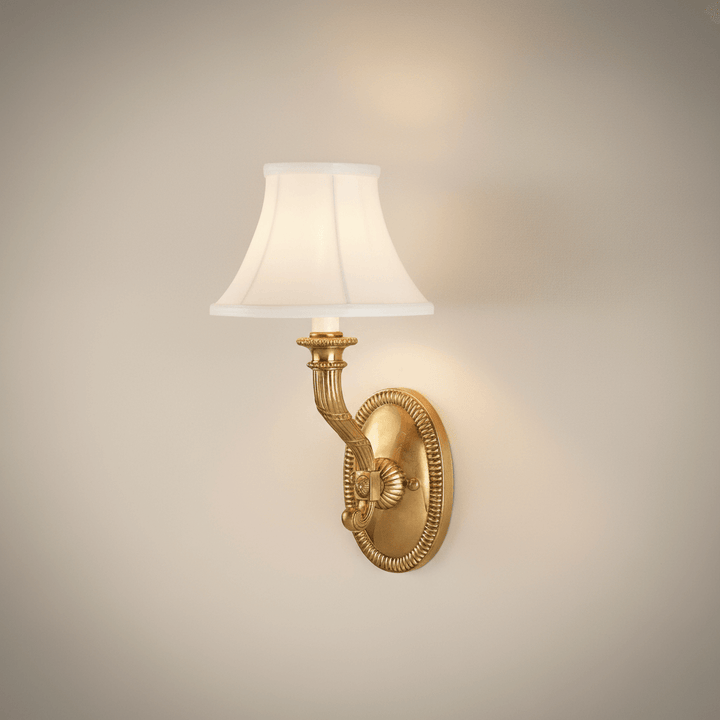 Antique Brass Wall Sconce with Fabric Shade featuring vintage design and aged brass finish for elegant home lighting.