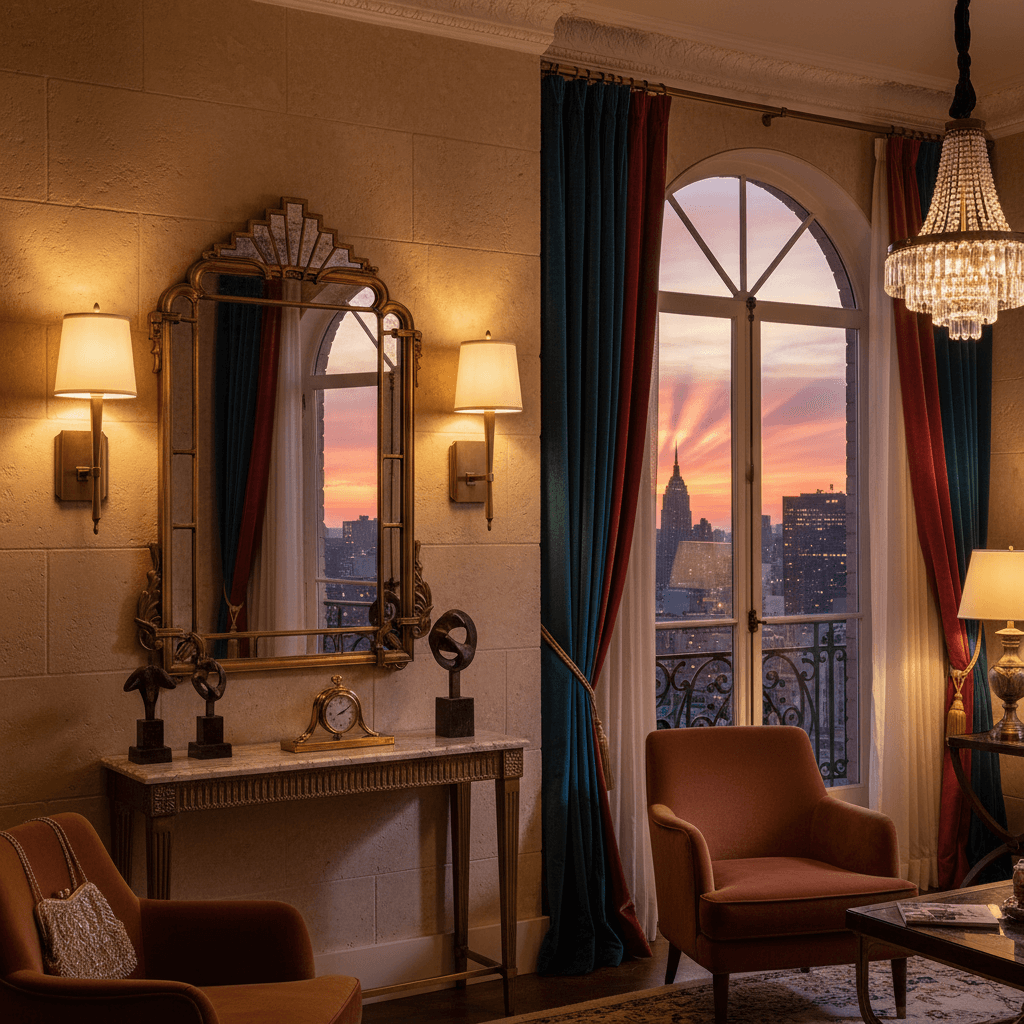 Elegant room featuring Antique Brass Wall Sconce with White Shade, vintage decor, sunset view outside arched window.