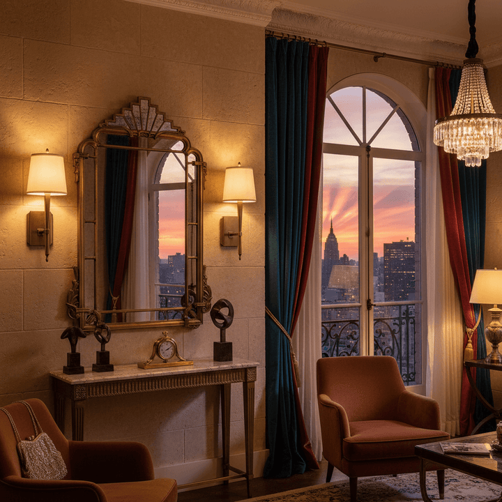 Elegant room featuring Antique Brass Wall Sconce with White Shade, vintage decor, sunset view outside arched window.