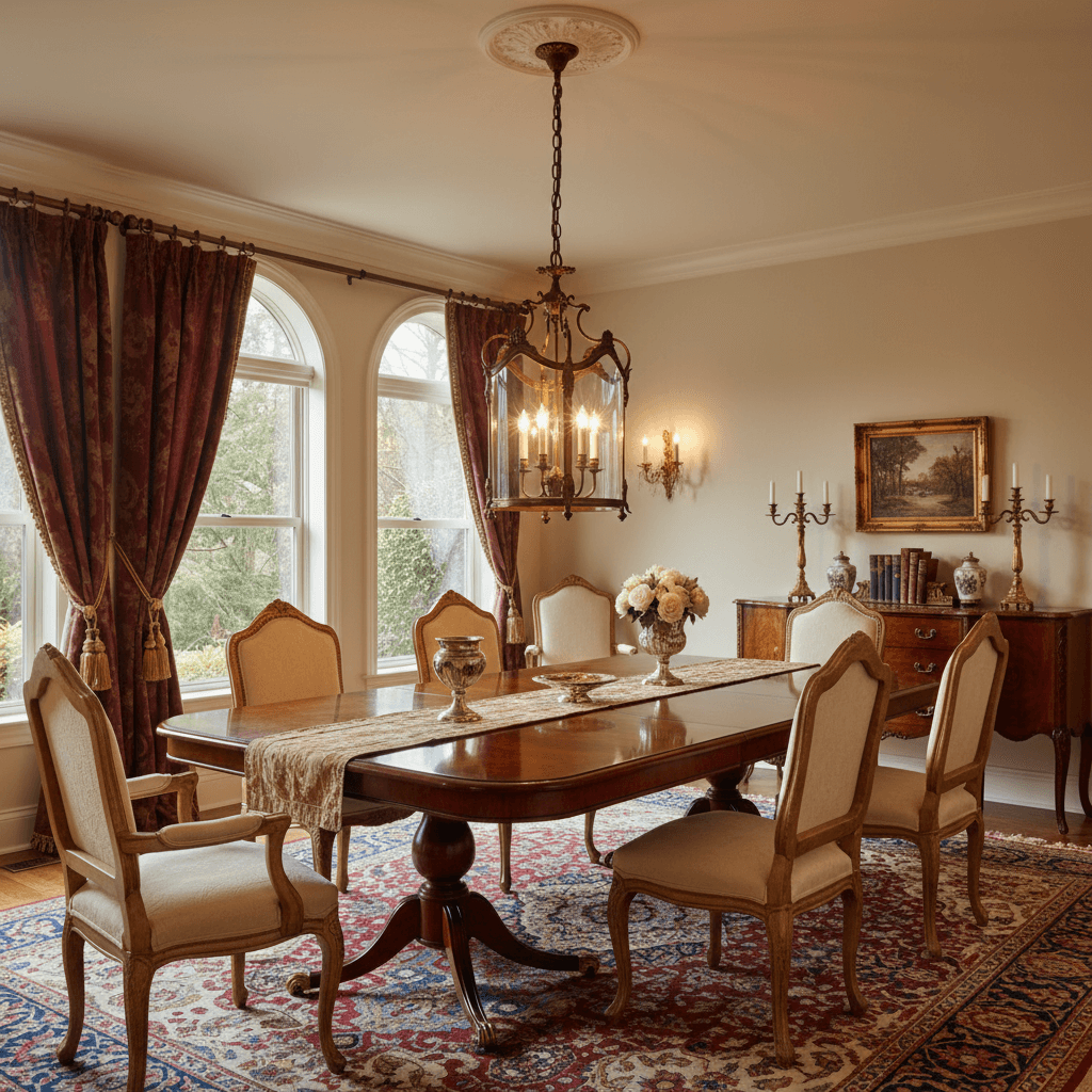 Antique Bronze Italian Lantern Chandelier illuminating a vintage-inspired dining room with elegant furnishings and classic decor.