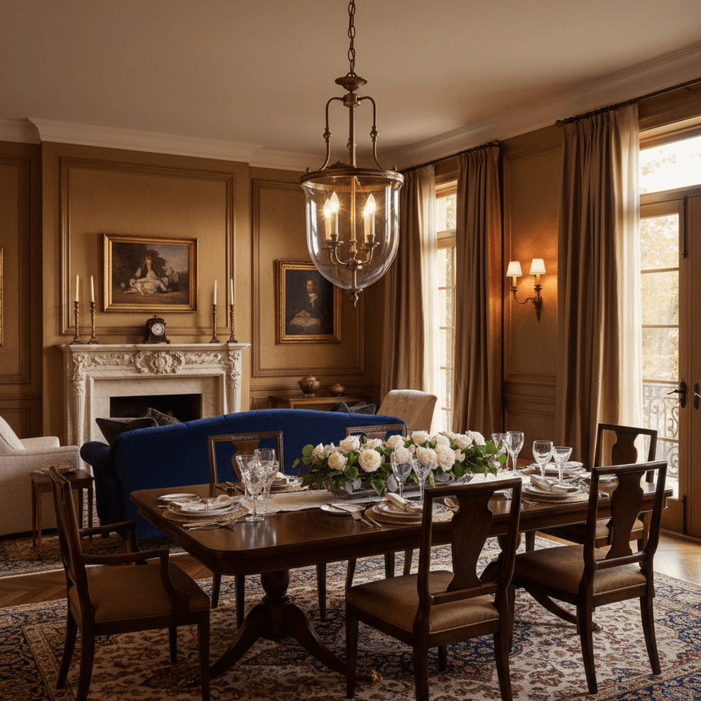 Dining room with a table set for a meal, featuring a chandelier and framed pictures on the wall.