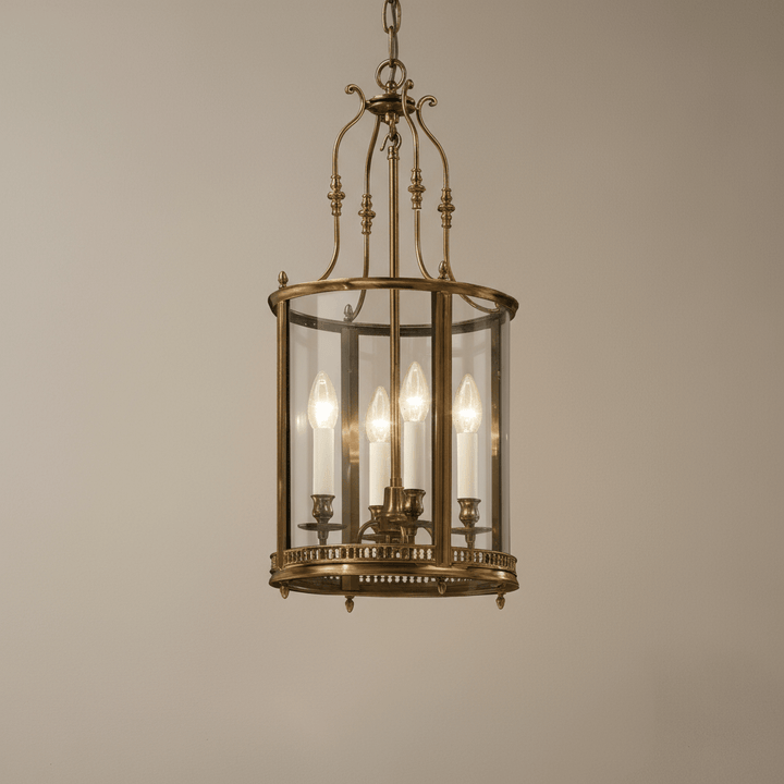 Antique Bronze Lantern Chandelier with Glass Panels, Italian handcrafted vintage lighting, captures timeless elegance.