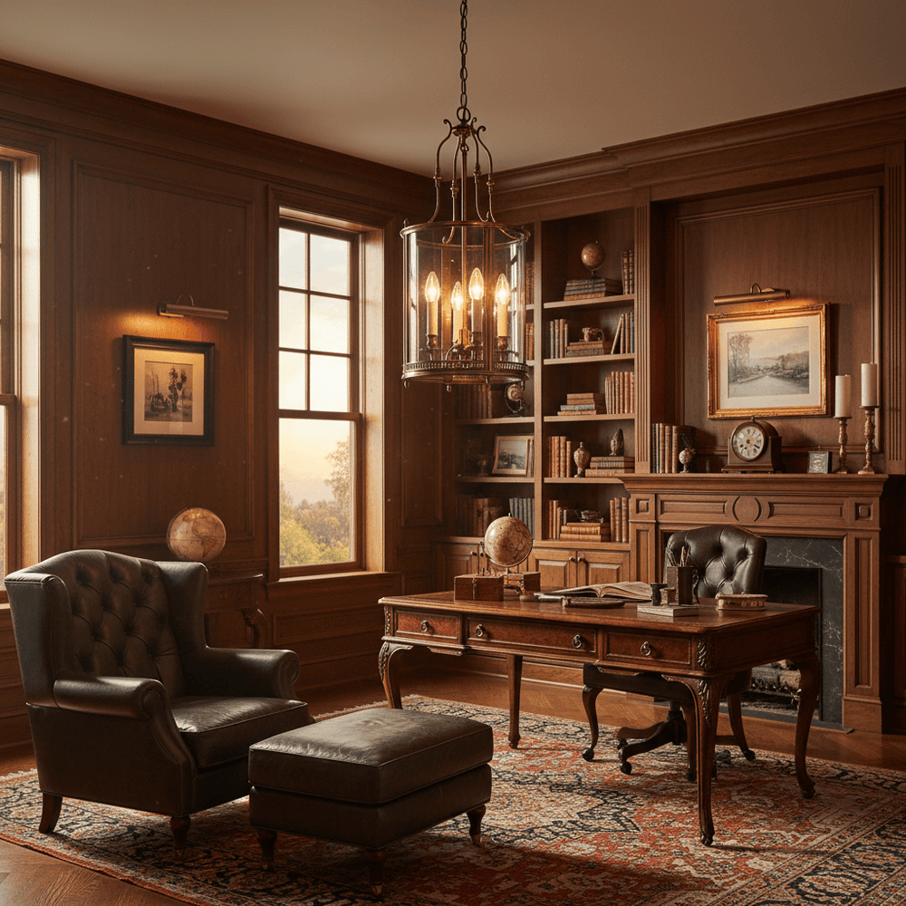 Stately office with wooden furniture, bookshelves, and decorative elements.