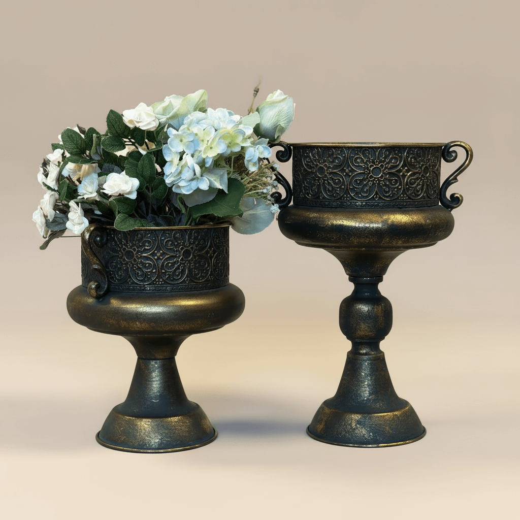 Antique Bronze Ornate Metal Urns with floral details, perfect for vintage style home décor.