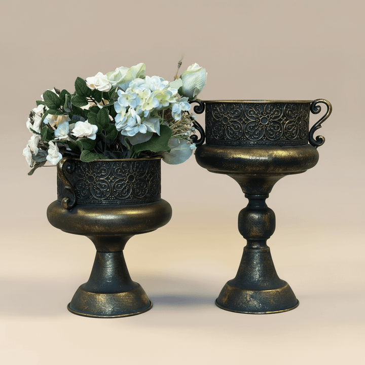 Antique Bronze Ornate Metal Urns with floral details, perfect for vintage style home décor.