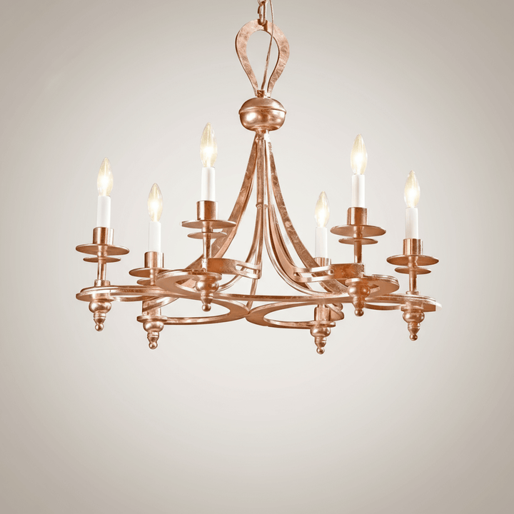 Antique Copper Leaf Italian Chandelier with vintage design and hand-forged iron frame, featuring warm candlelight glow.
