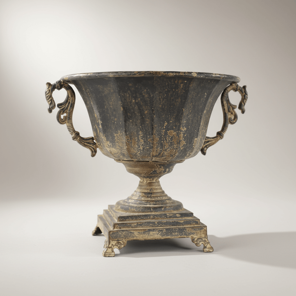 Antique Decorative Urn in Distressed Metal with ornate handles on a pedestal base, showcasing historical charm and elegance.