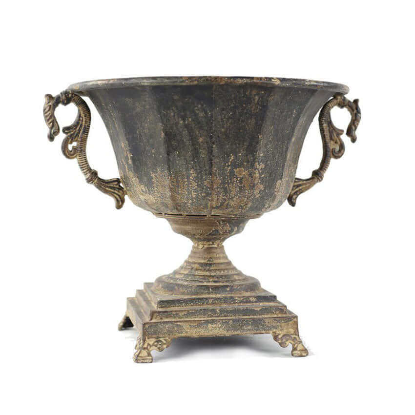 Antique Decorative Urn in Distressed Metal with historical charm and sophisticated design, featuring ornate handles and rustic finish.