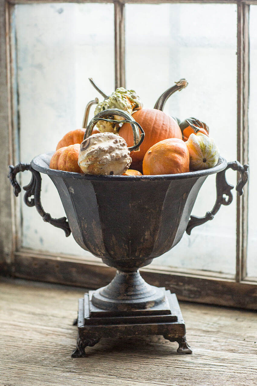 Antique Decorative Urn in Distressed Metal filled with assorted autumn gourds and pumpkins by a vintage window backdrop.