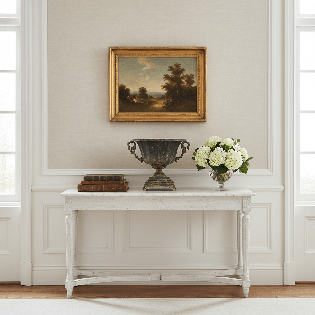 Elegant room with Antique Decorative Urn in Distressed Metal on a white table beside a flower vase