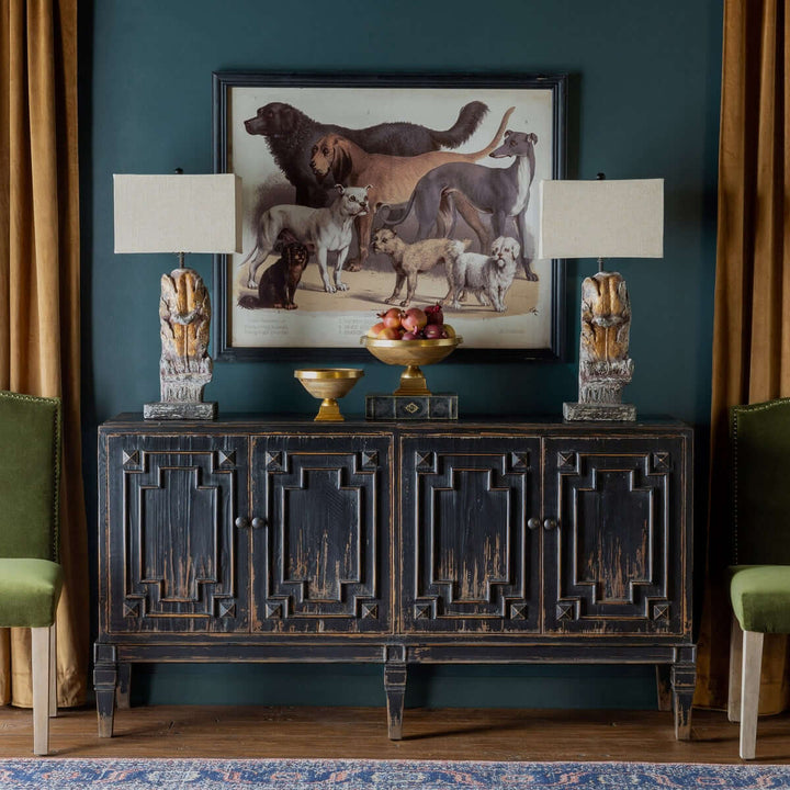 Antique Dog Breed Print in Black Frame displayed above vintage cabinet with decor in elegant room setting