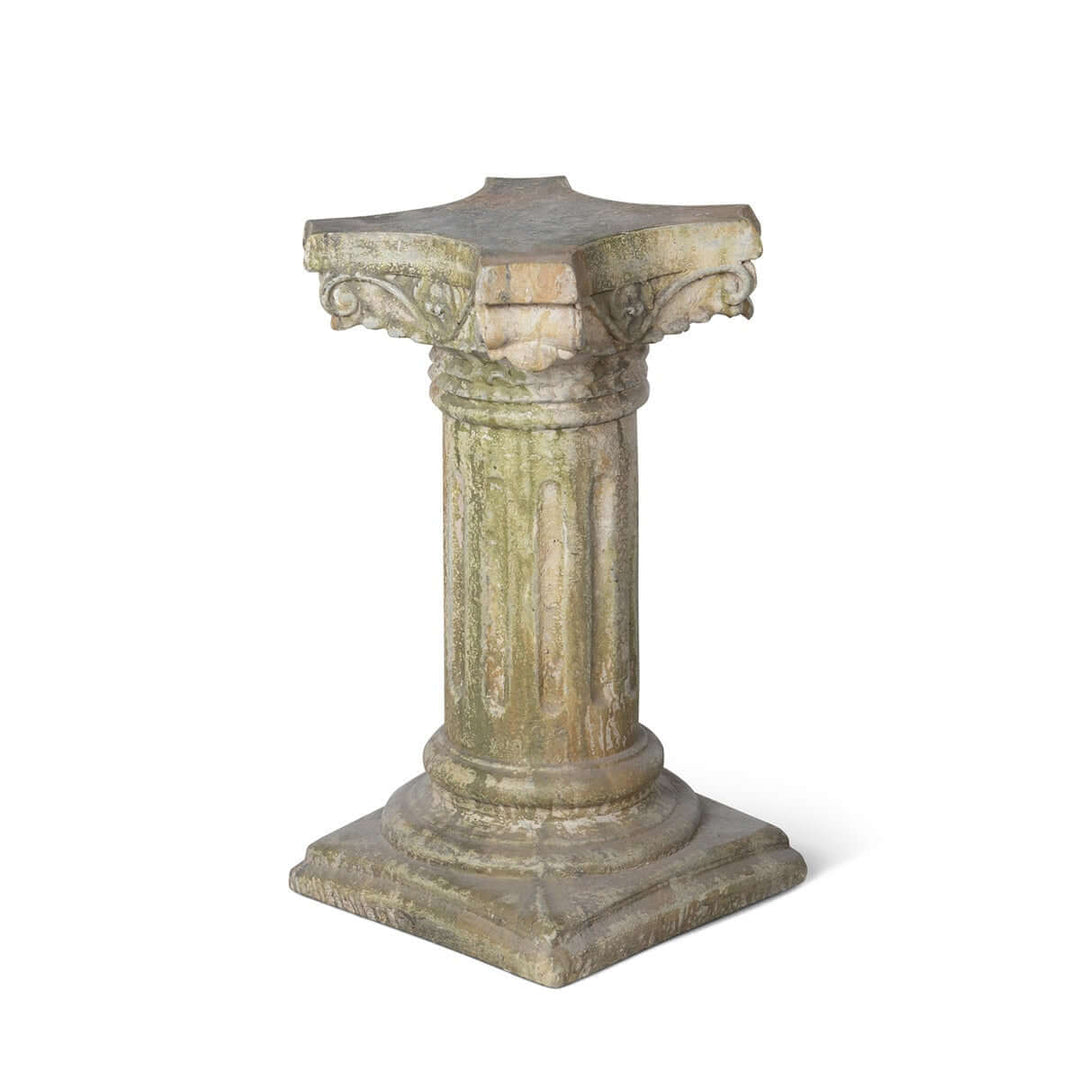 Antique European garden column pedestal with fluted design and four-point cornice, 24 inches tall, on a square plinth base.