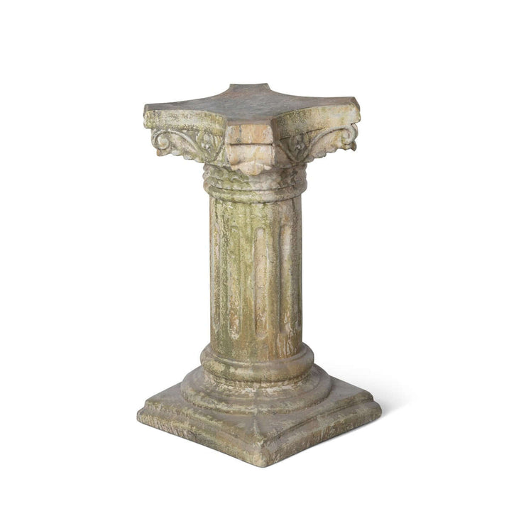 Antique European garden column pedestal with fluted design and four-point cornice, 24 inches tall, on a square plinth base.
