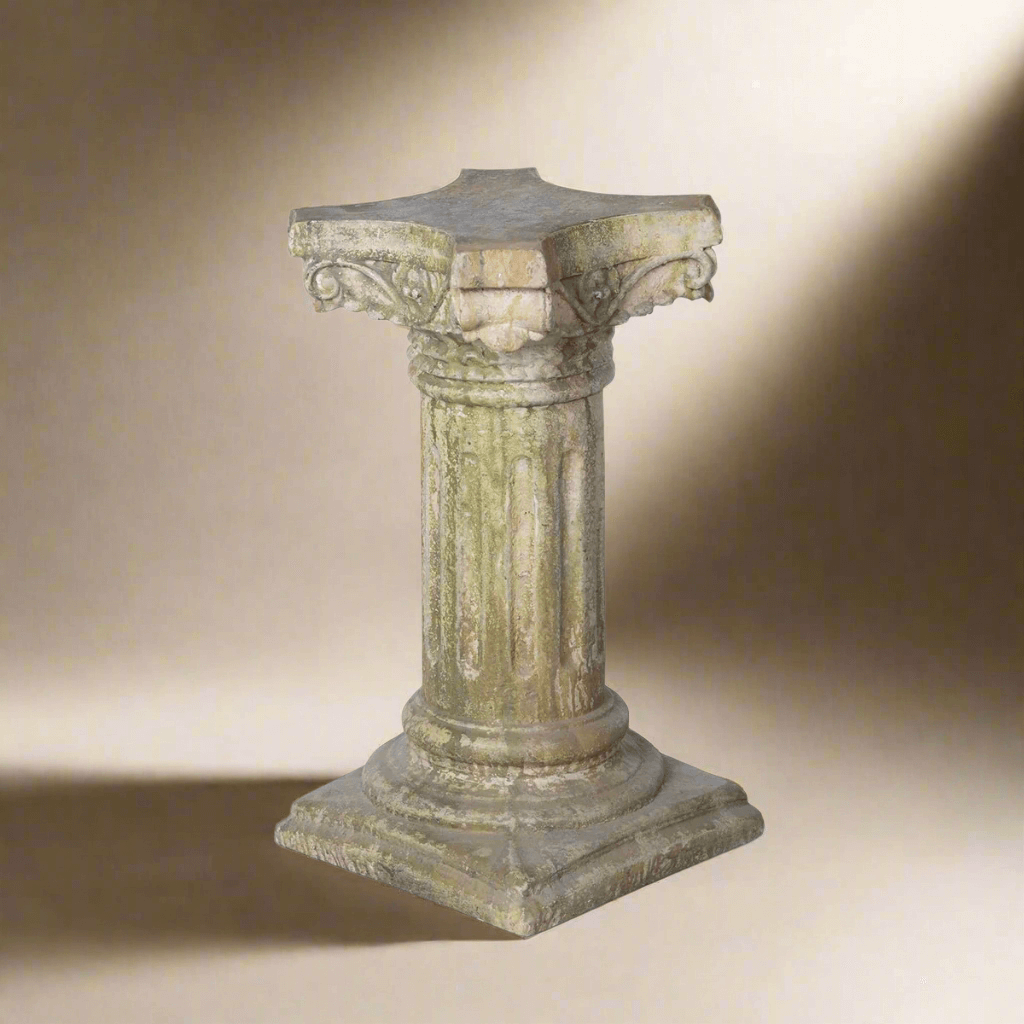 Antique European Garden Column Pedestal with fluted design and four-point cornice, 24 inches tall, on a square base.