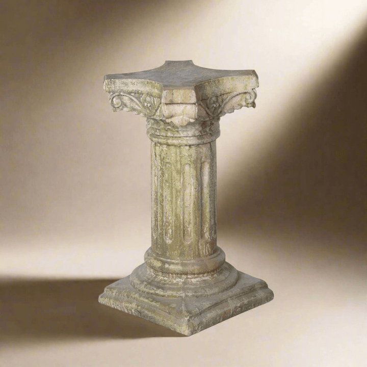 Antique European Garden Column Pedestal with fluted design and four-point cornice, 24 inches tall, on a square base.