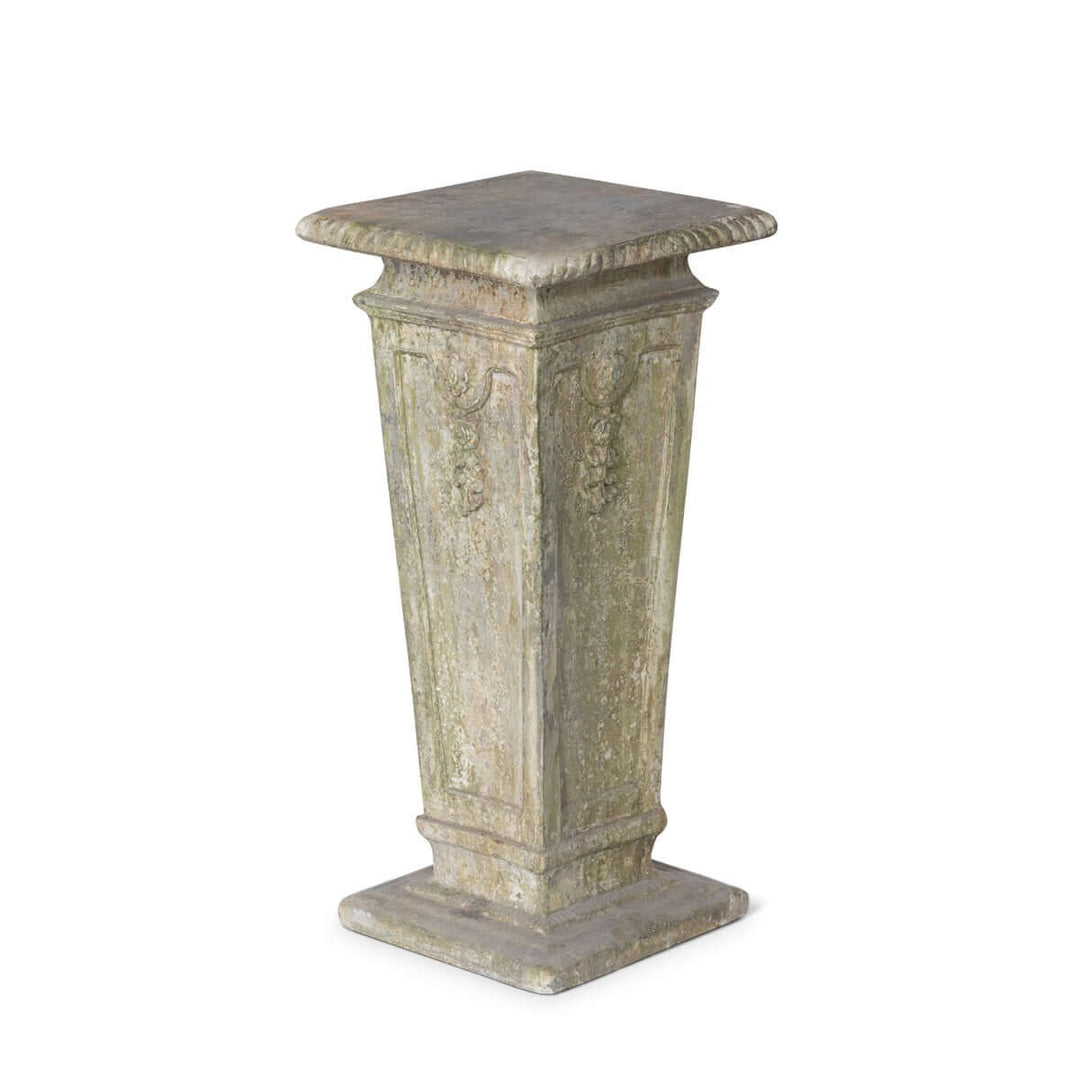 Antique European Square Garden Pedestal with ornate relief, 24 inches tall, ideal for floral displays and sculptures.