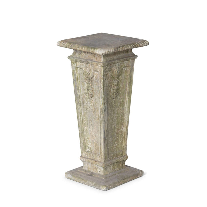 Antique European Square Garden Pedestal with ornate relief, 24 inches tall, ideal for floral displays and sculptures.
