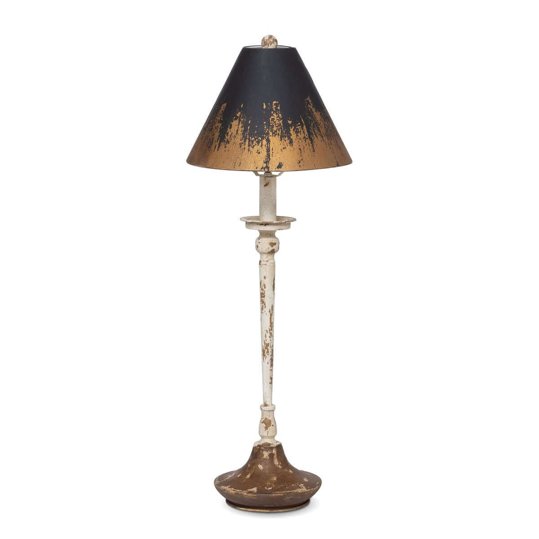 Antique farmhouse distressed buffet lamp with a rustic base and black tapered shade, perfect for vintage-inspired decor.