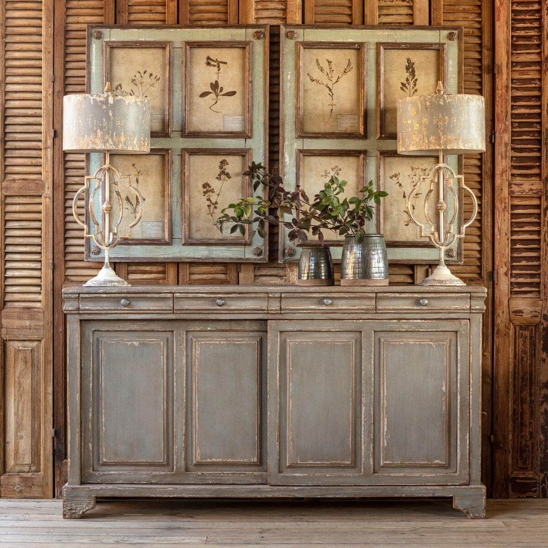 Antique French Country Buffet Cabinet with distressed gray finish and rustic decor