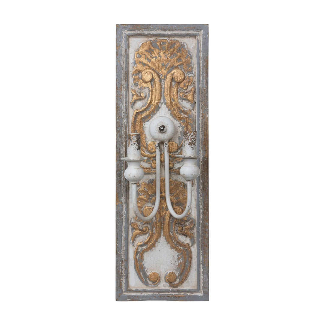 Antique French Country Wall Sconce Light with ornate gold and white distressed finish on a carved wooden backplate.