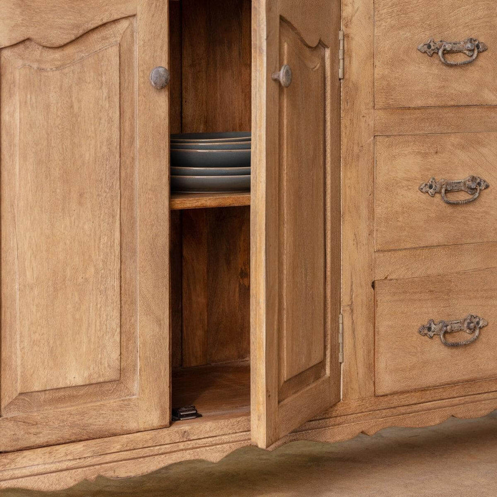 Antique French Provence Sideboard with open cabinet and displayed dishware, showcasing rustic wood craftsmanship.