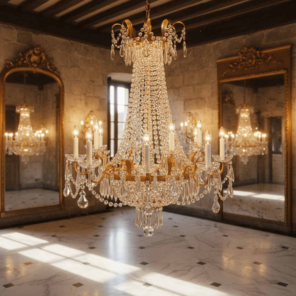 Antique Gold and Crystal Empire Chandelier