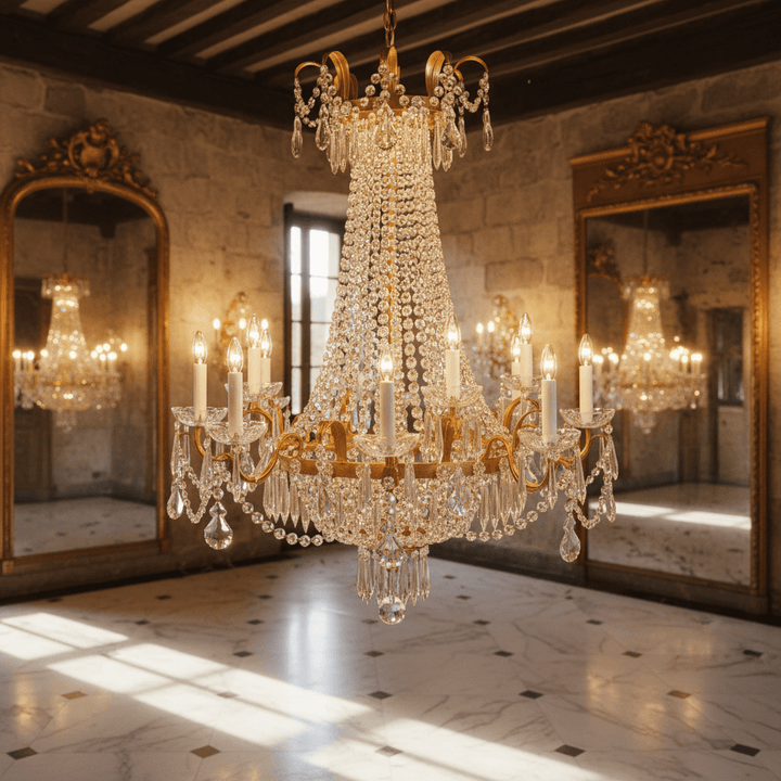 Antique Gold and Crystal Empire Chandelier